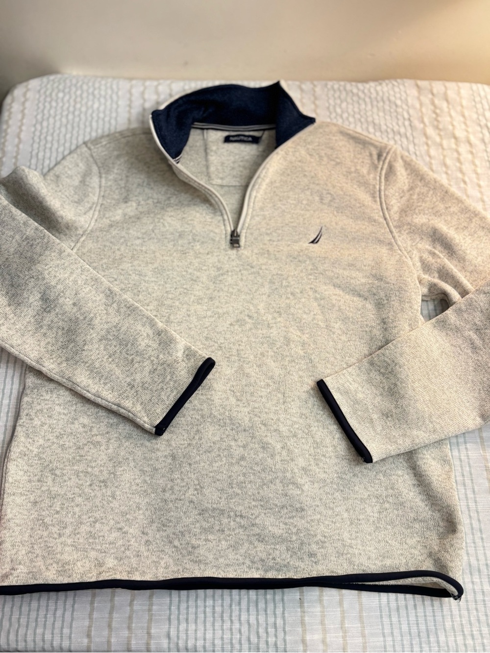 Nautica Men’s Light Gray V-Neck Sweater with Navy Trim